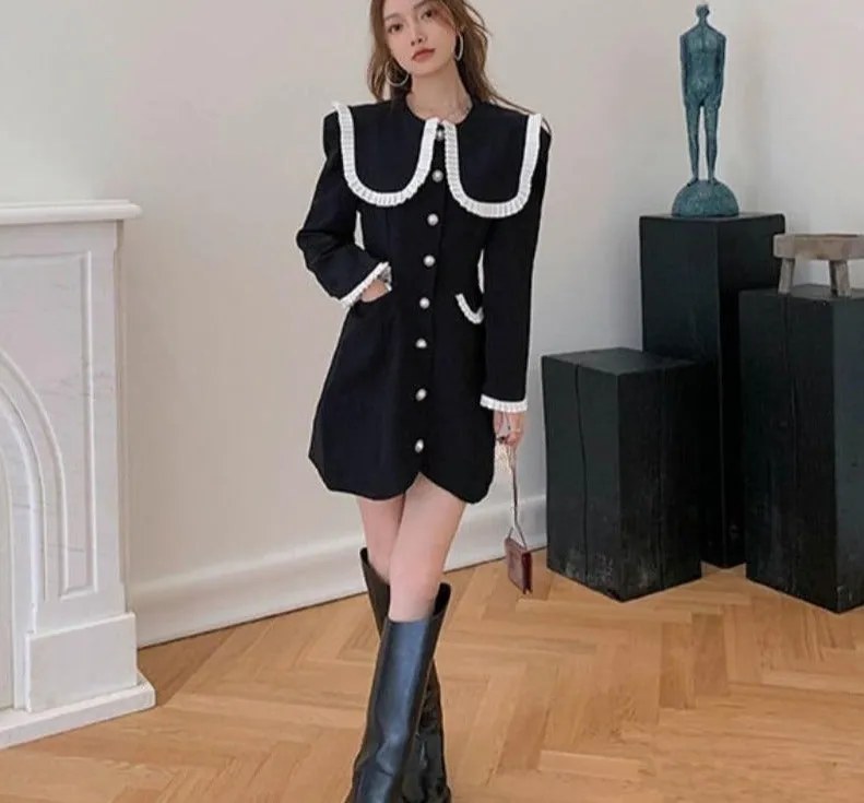 2021 Winter Black Y2k Mini Dress Evening Party Long Sleeve Elegant Kawaii Dress Button Vintage One Piece Dress Korean Fahsion