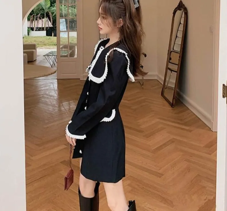 2021 Winter Black Y2k Mini Dress Evening Party Long Sleeve Elegant Kawaii Dress Button Vintage One Piece Dress Korean Fahsion