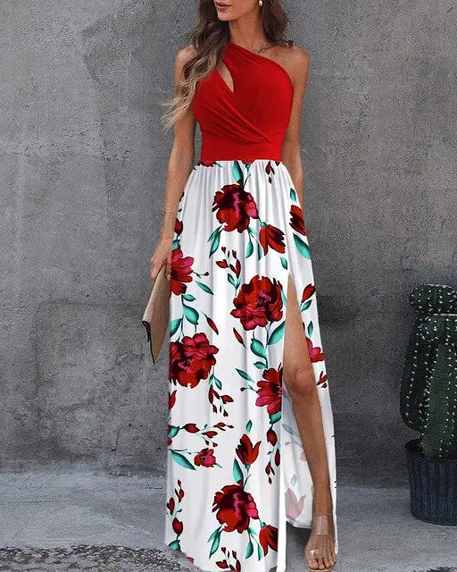 2022 Women Summer Elegant One Shoulder Floral Print High Slit Cutout Maxi Party Dress Asymmetric Long Sexy Robes Evening Dresses