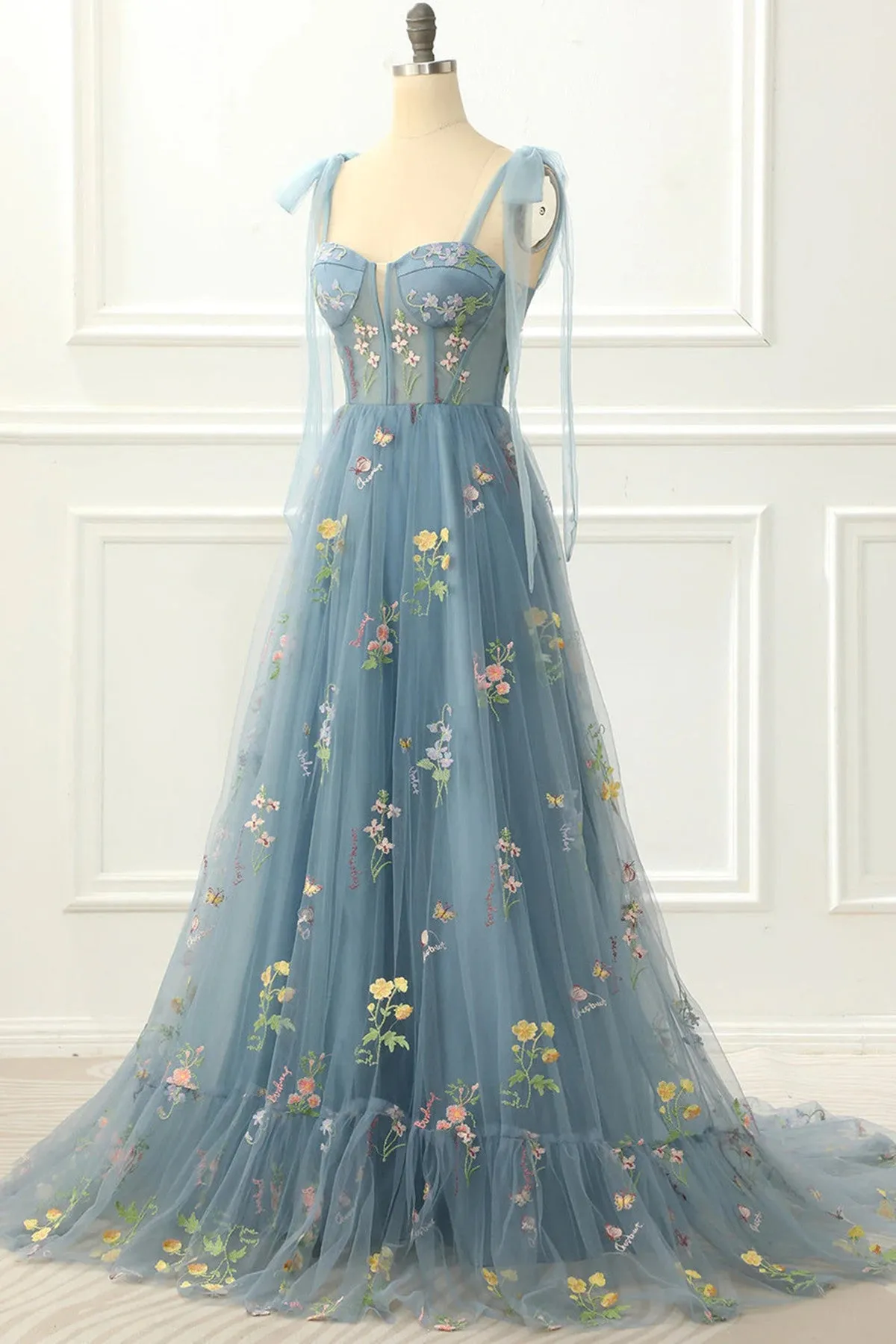 A-Line Blue-Grey Princess Prom Dress With Embroidery, Floral Lace Party