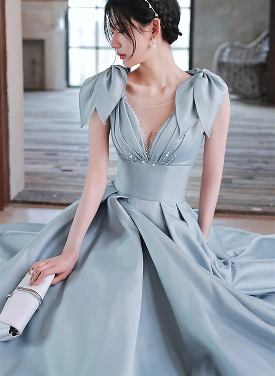 A-line Blue Satin Beaded Long Party Dress, V-neckline Blue Evening Dress