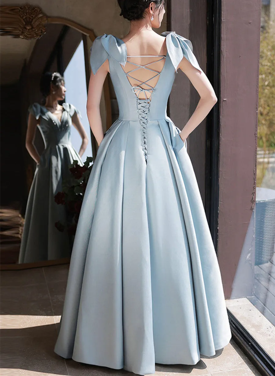 A-line Blue Satin Beaded Long Party Dress, V-neckline Blue Evening Dress