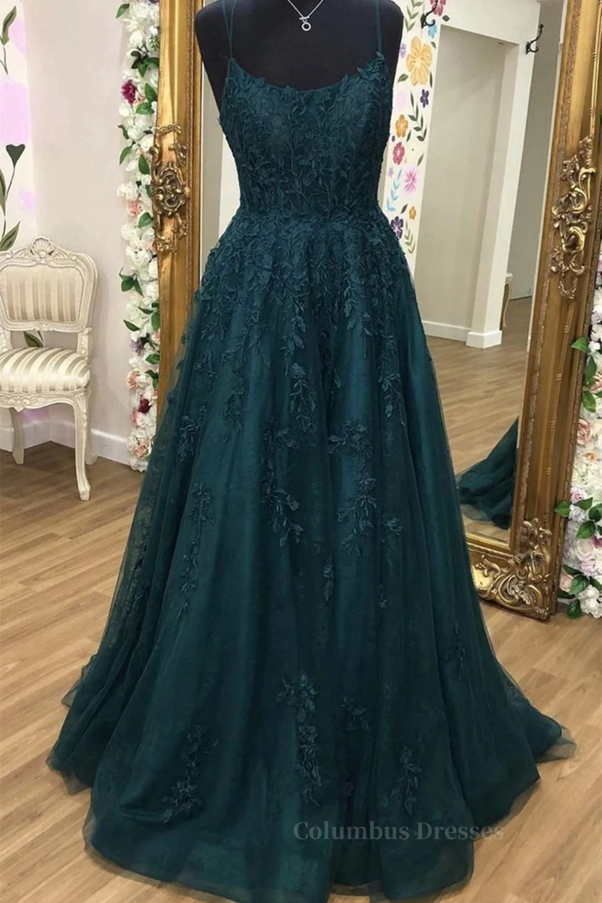 A Line Dark Green Tulle Lace Long Prom Dress, Dark Green Lace Formal Graduation Evening Dress