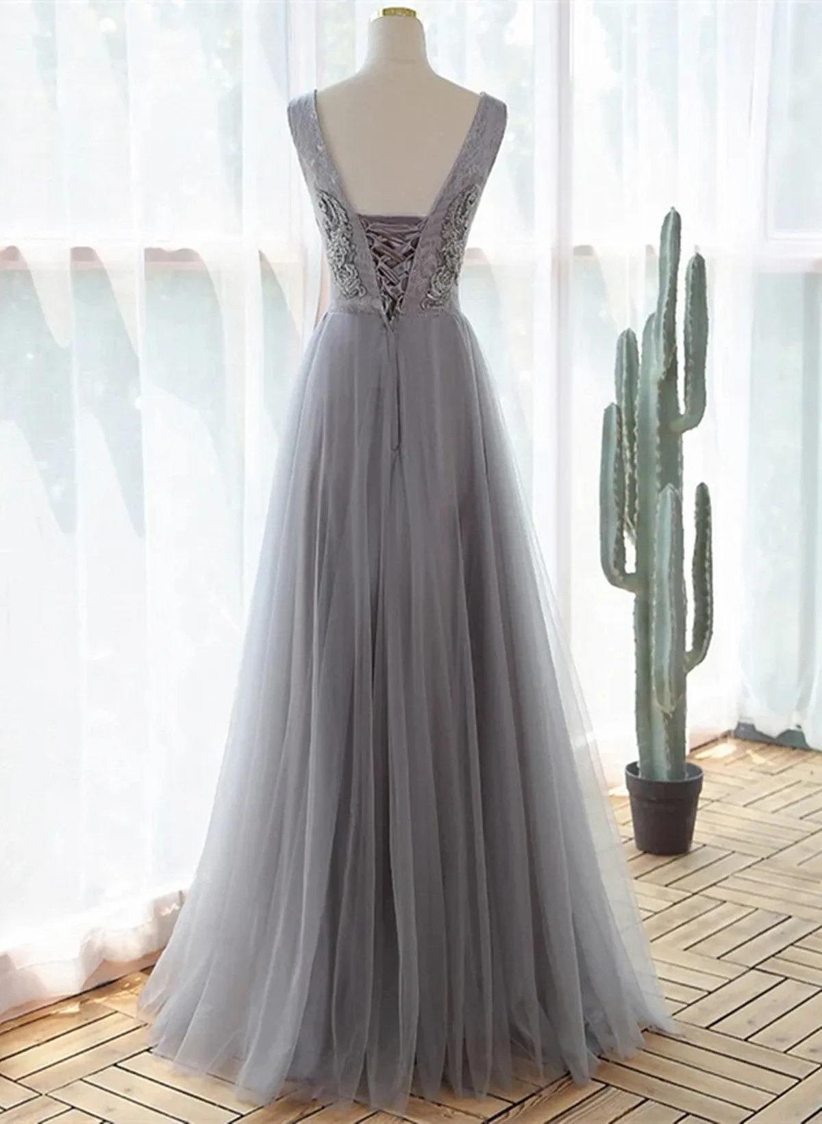 A-line Grey Tulle V-neckline Long Party Dress with Lace, Grey Bridesmaid Dress