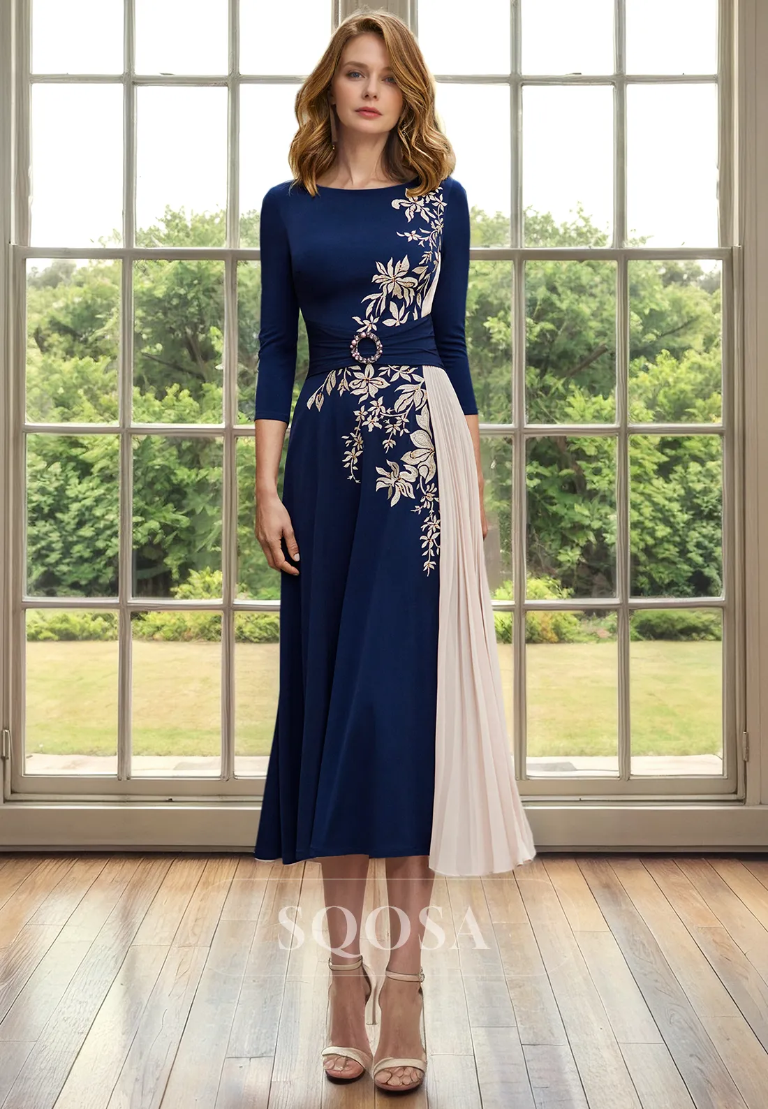 A Line Scoop Appliques 3/4 Sleeves Mother of the Bride Dress for Wedding Formal Gown