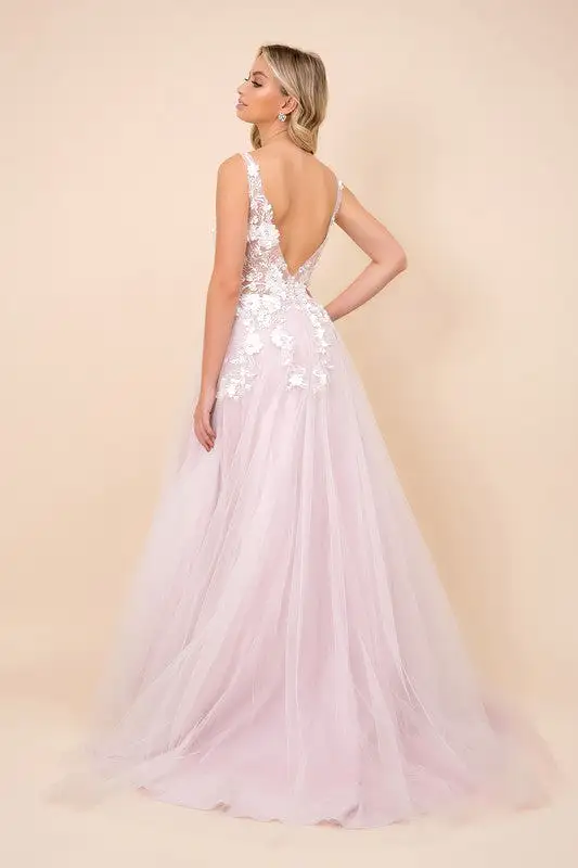 A-Line V-neck Floor-Length Tulle Ball Gown