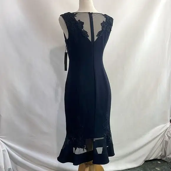 Aidan Mattox NWT Navy Sheer Top Lace Midi Dress