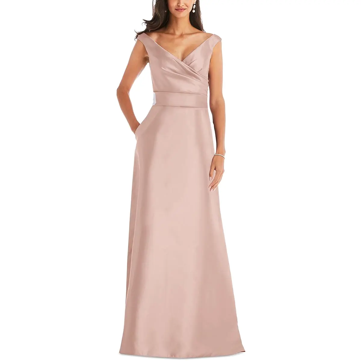 Alfred Sung Womens Satin Off The Shoulder Evening Dress