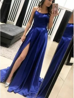 Backless Crisscross Straps Simple Long Evening Dress Royal Blue Prom Dress