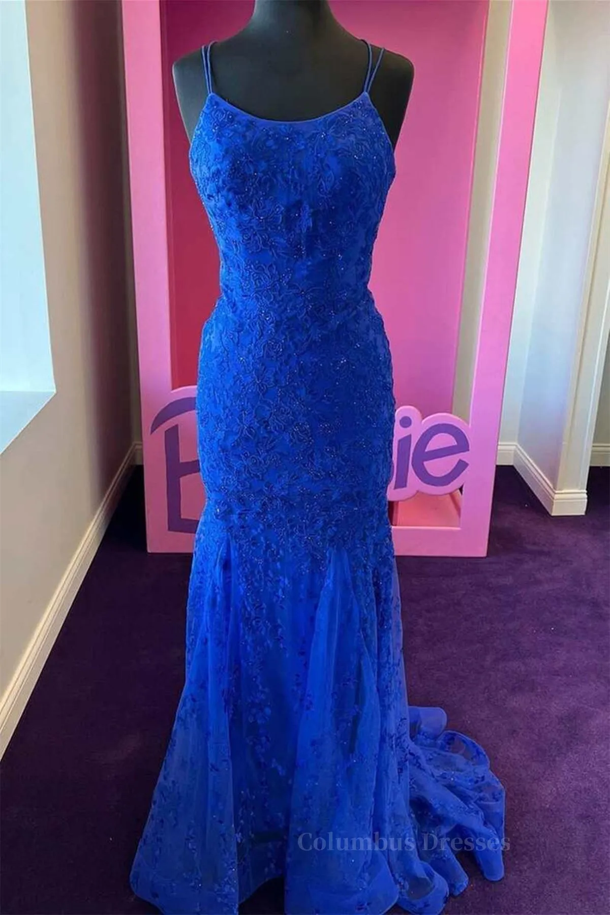 Backless Mermaid Blue Lace Tulle Long Prom Dress, Mermaid Blue Formal Dress, Blue Lace Evening Dress