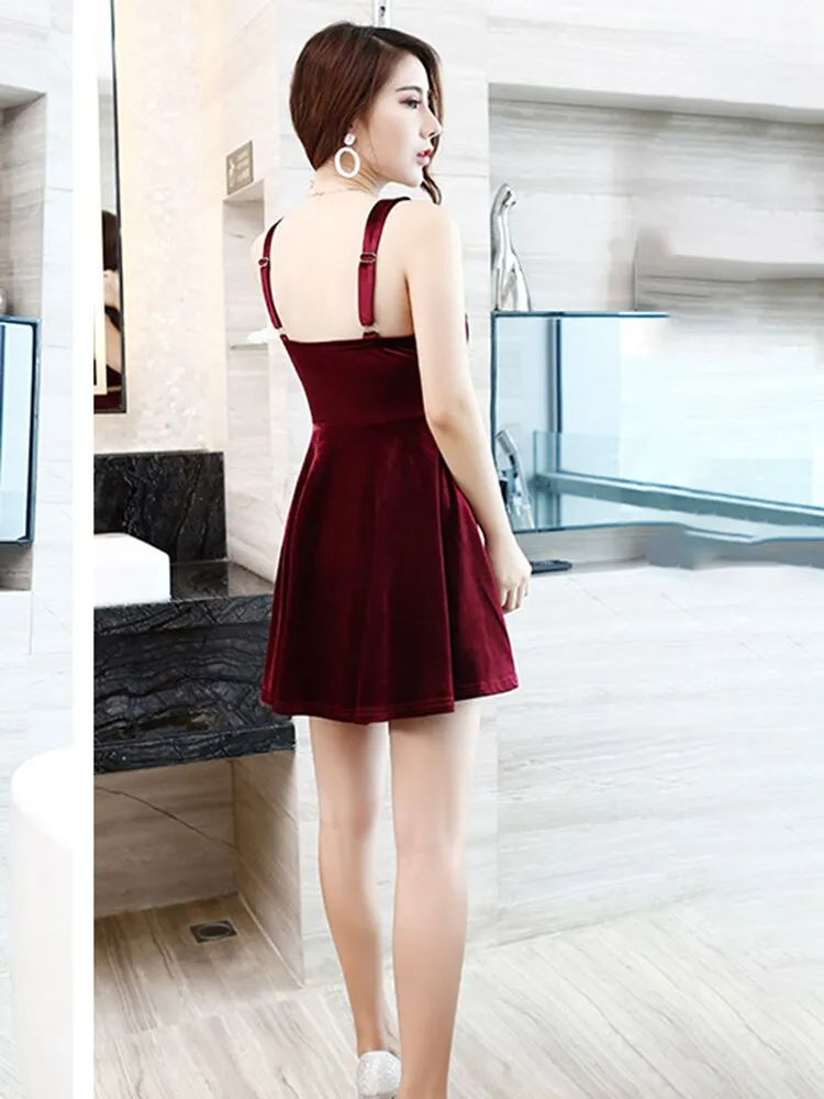 Backless V Neck Party Dress Velour Short Club Dress Sleevless A line High School cheerleader Dress