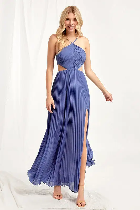 Beachside Halter Cut Out A-line Pleated Dress (Blue)