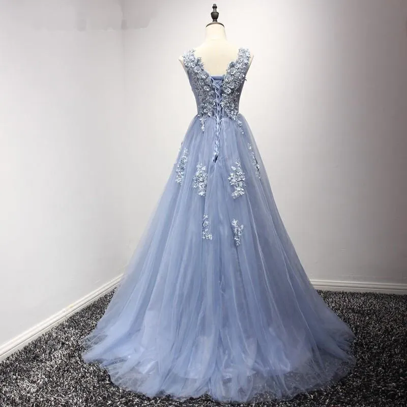 Beautiful Blue Tulle Long Handmade Formal Gown with Applique, Charming Evening Dress