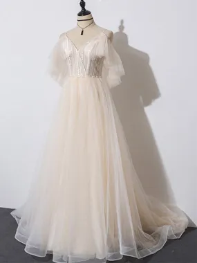 Beautiful Champagne Tulle Long A-line Party Dress, Evening Gown