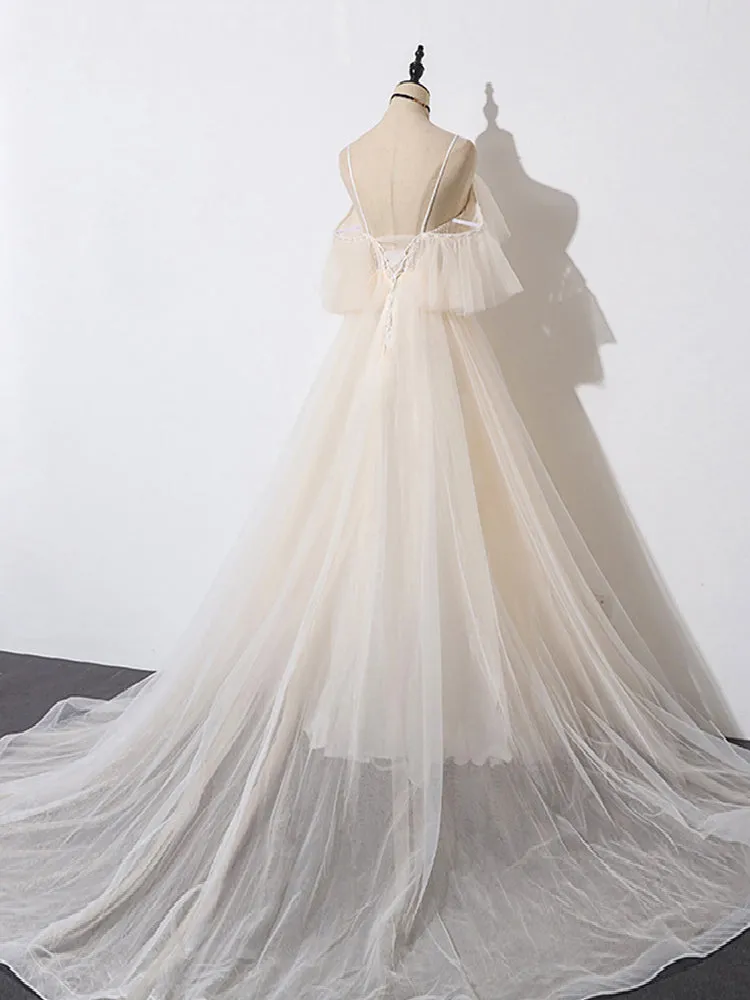 Beautiful Champagne Tulle Long A-line Party Dress, Evening Gown