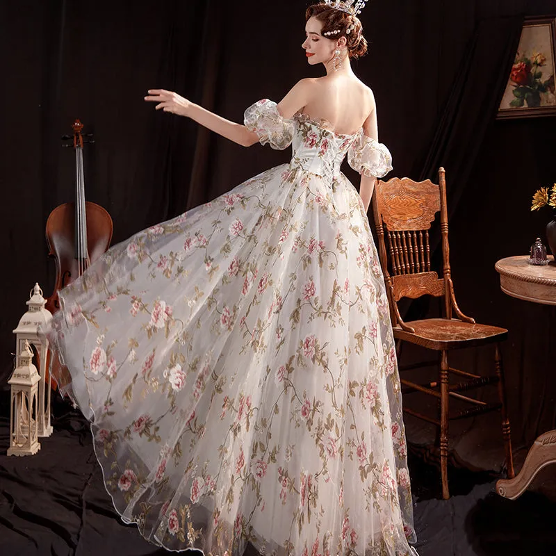 Beautiful Floral Off Shoulder Long Evening Dress Party Dress, A-line Floral Lace Gown