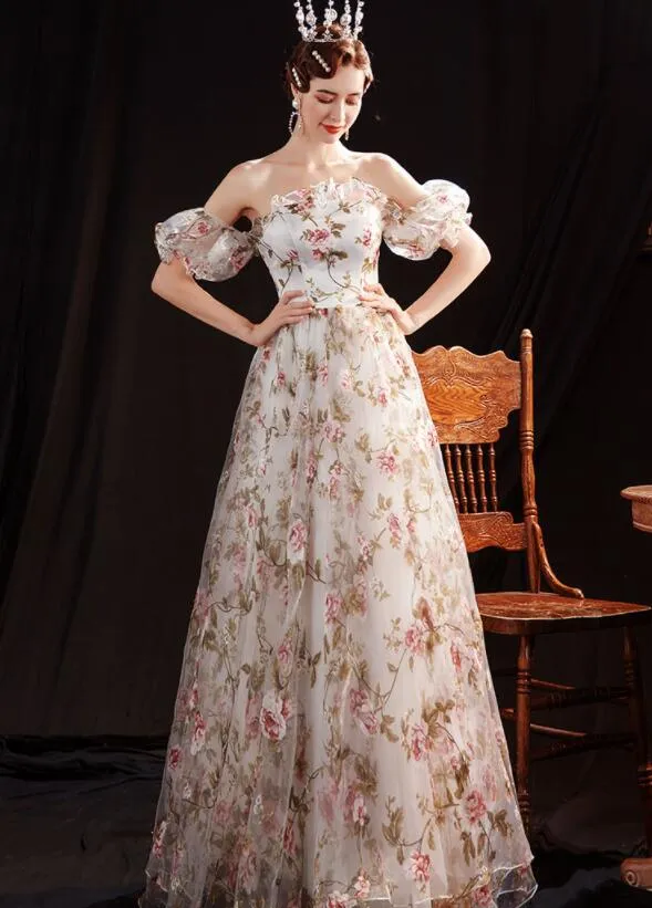 Beautiful Floral Off Shoulder Long Evening Dress Party Dress, A-line Floral Lace Gown