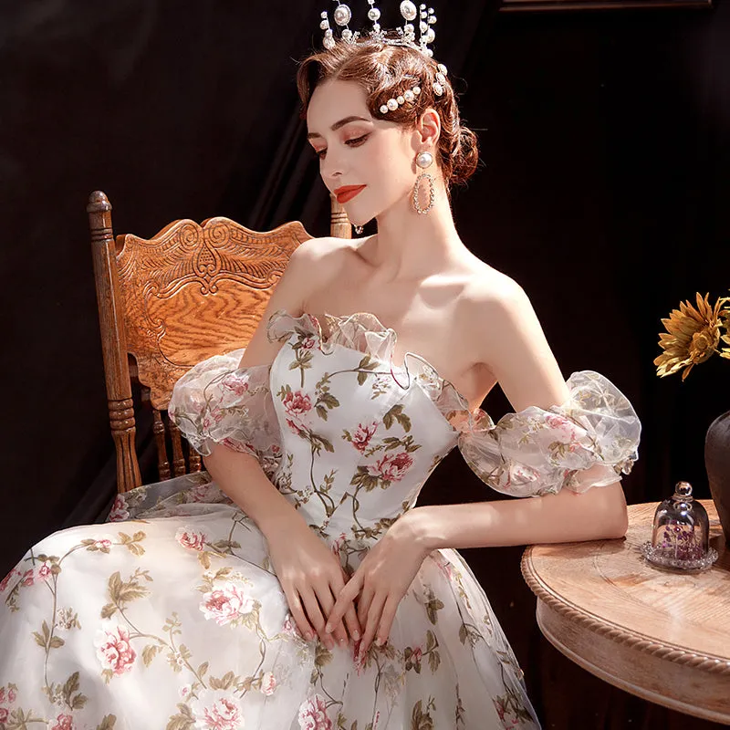 Beautiful Floral Off Shoulder Long Evening Dress Party Dress, A-line Floral Lace Gown