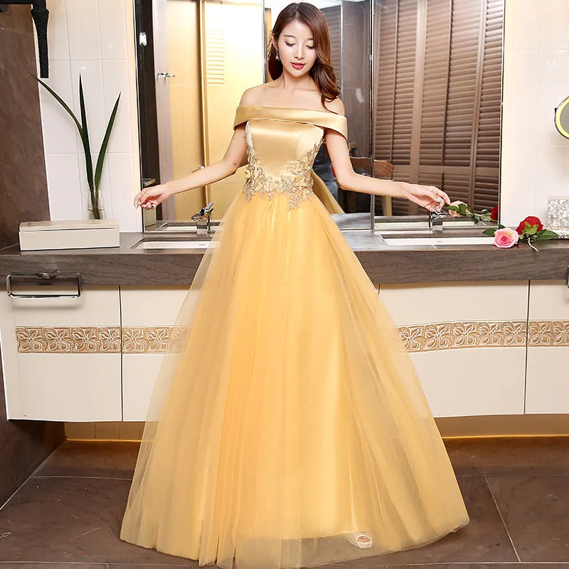 Beautiful Gold Off Shoulder Long Tulle Junior Prom Dress, Lace-up Evening Dress