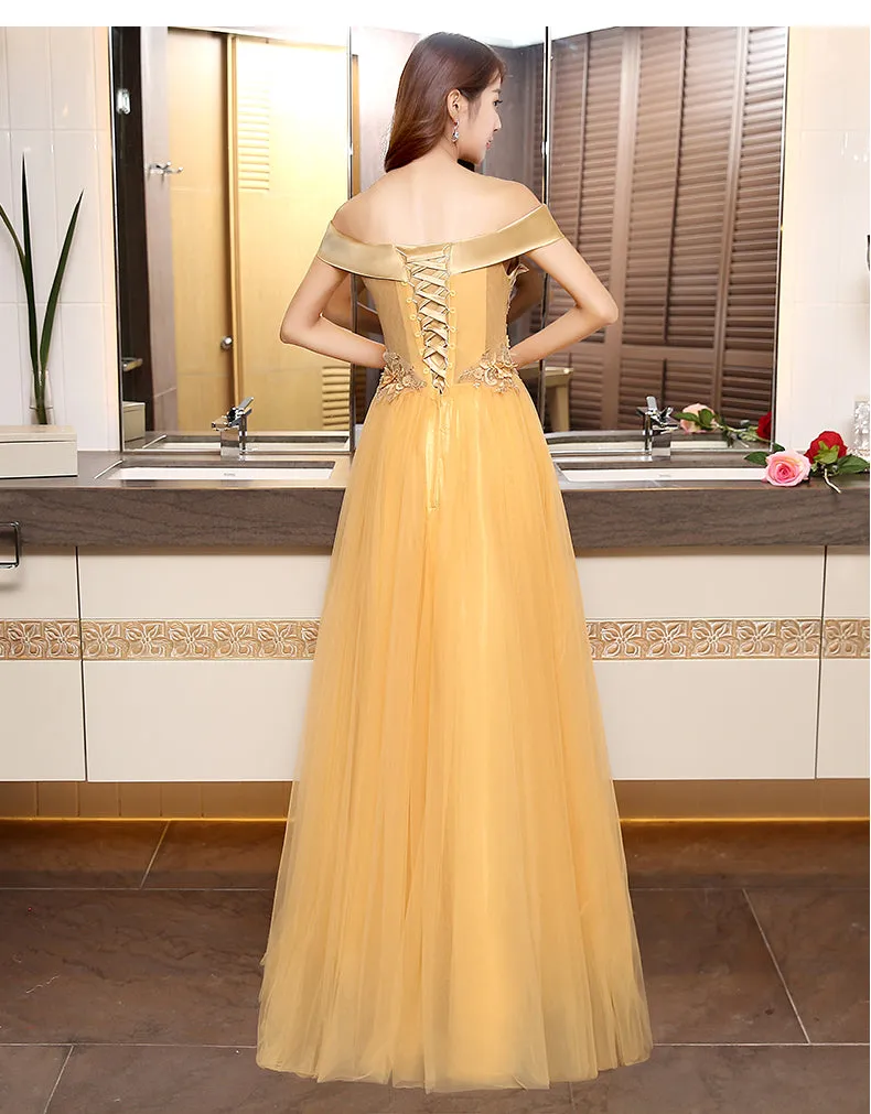 Beautiful Gold Off Shoulder Long Tulle Junior Prom Dress, Lace-up Evening Dress