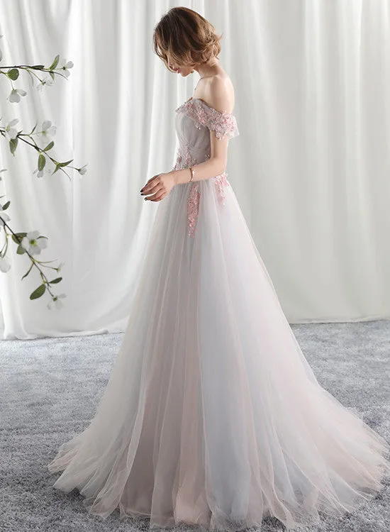 Beautiful Light Pink Tulle Party Gown, Off Shoulder Evening Dress