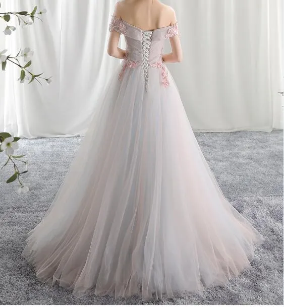 Beautiful Light Pink Tulle Party Gown, Off Shoulder Evening Dress