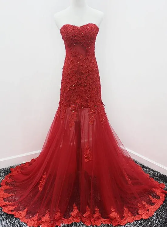 Beautiful Mermaid Tulle Sweetheart Evening Gown, Wine Red Lace Applique Prom Dress