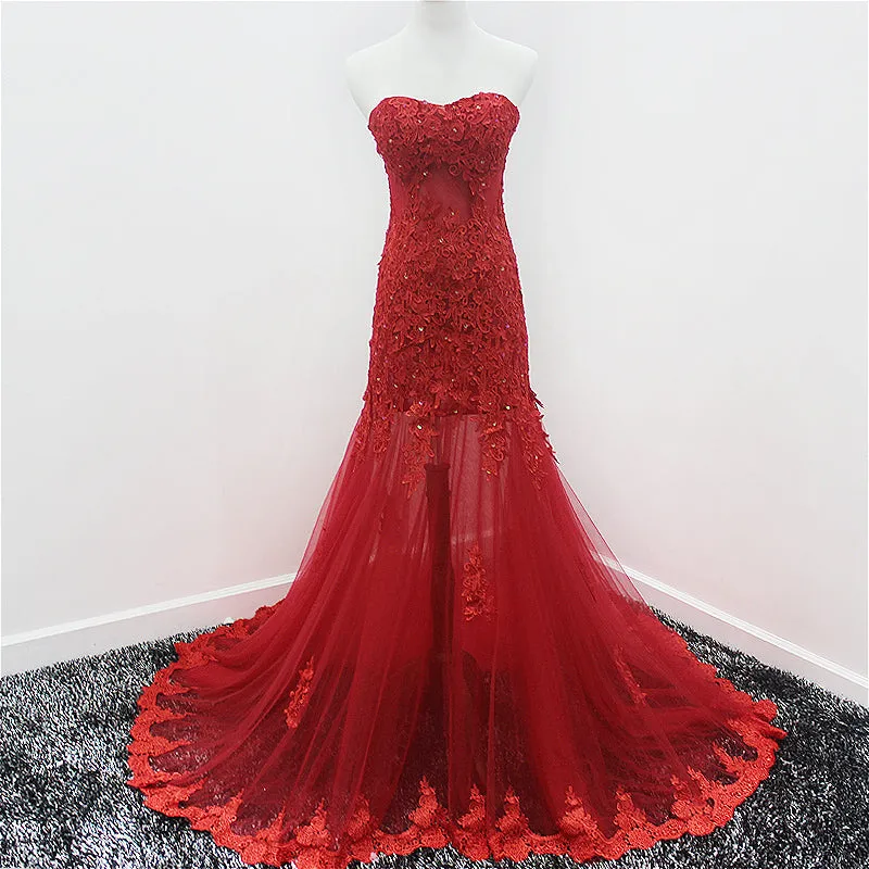 Beautiful Mermaid Tulle Sweetheart Evening Gown, Wine Red Lace Applique Prom Dress