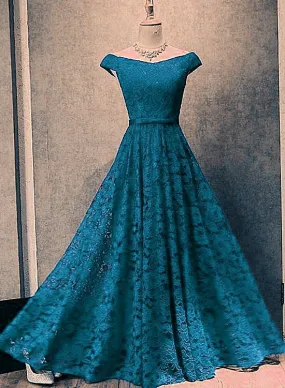 Beautiful Simple Off Shoulder Blue Evening Gown, Blue Prom Dress