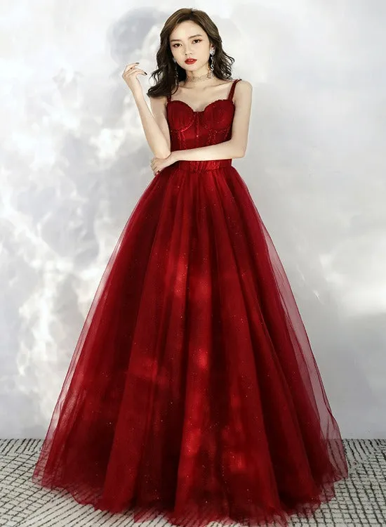 Beautiful Wine Red Tulle Off Shoulder Prom Dress, Dark Red Party Dress 2022