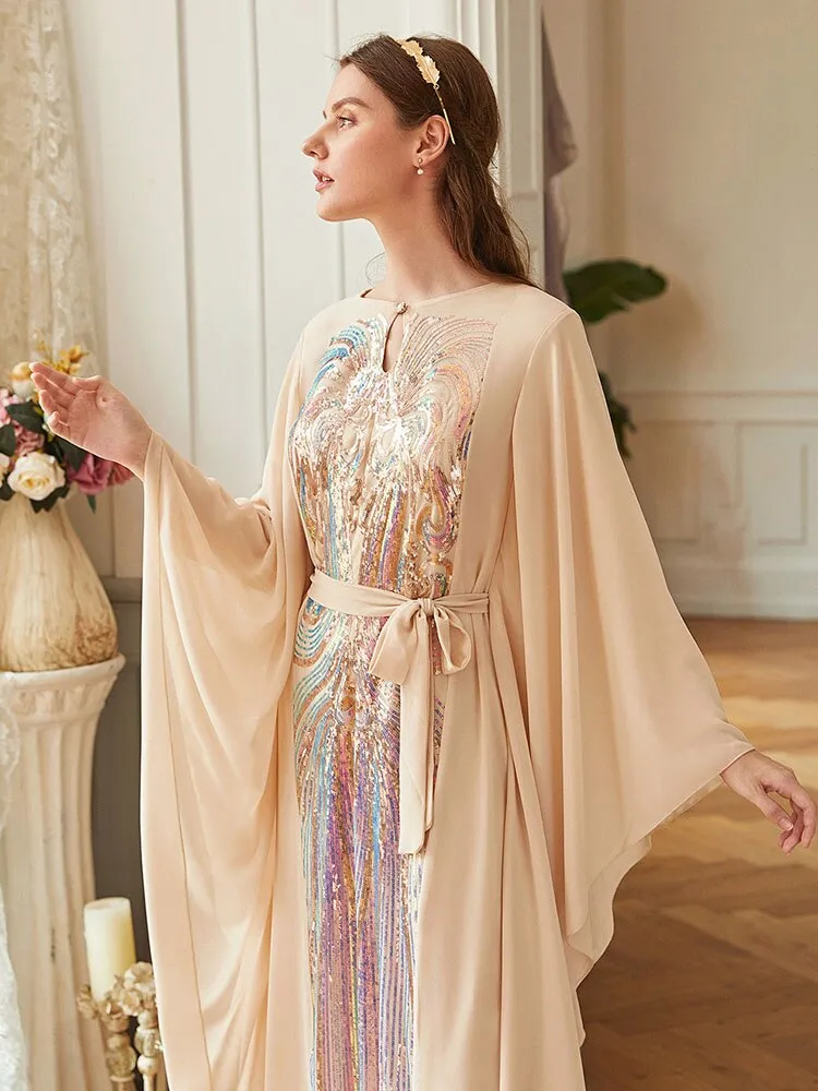 Beige Butterfly-Sleeve Colorful Squins Party Dress Middle East Ramadan Muslim Dress Arab Chiffon Belt Bow Vestioes