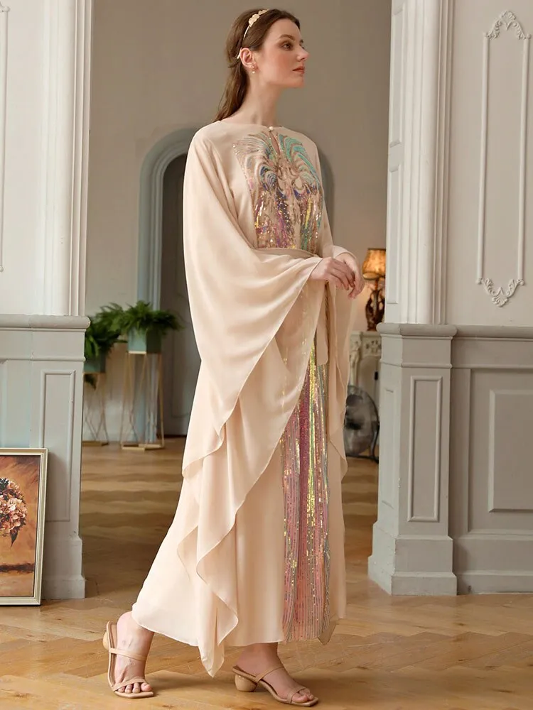 Beige Butterfly-Sleeve Colorful Squins Party Dress Middle East Ramadan Muslim Dress Arab Chiffon Belt Bow Vestioes