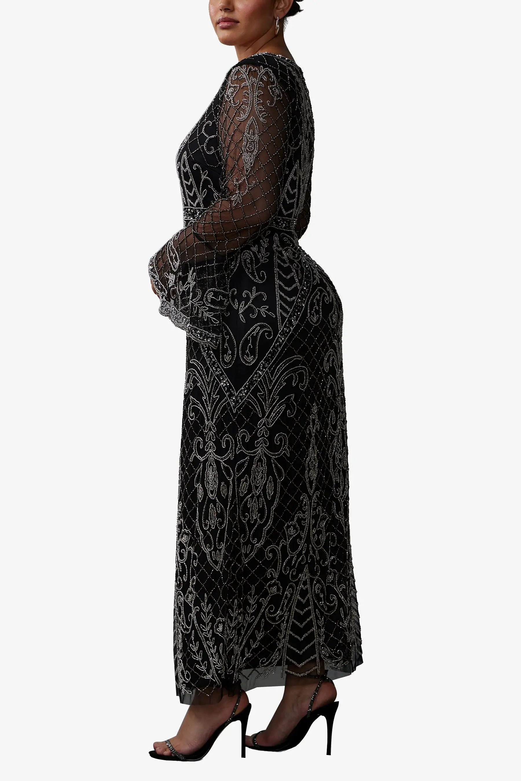 Bell Sleeve Beaded Long Dress