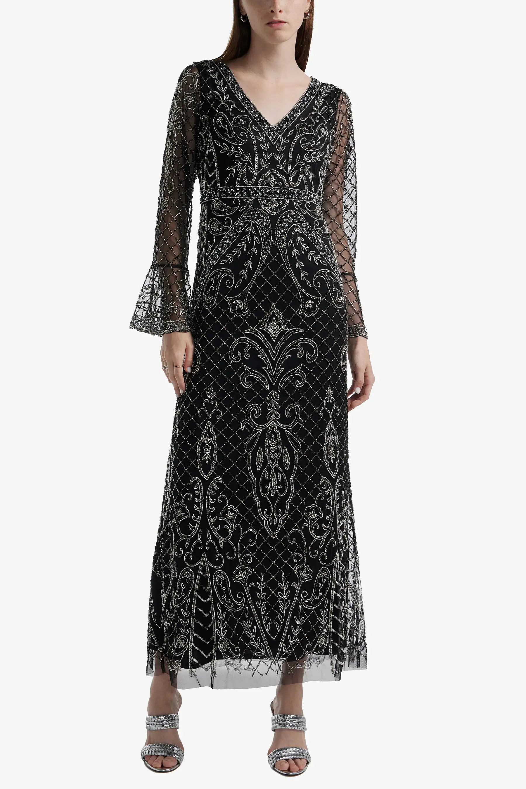 Bell Sleeve Beaded Long Dress