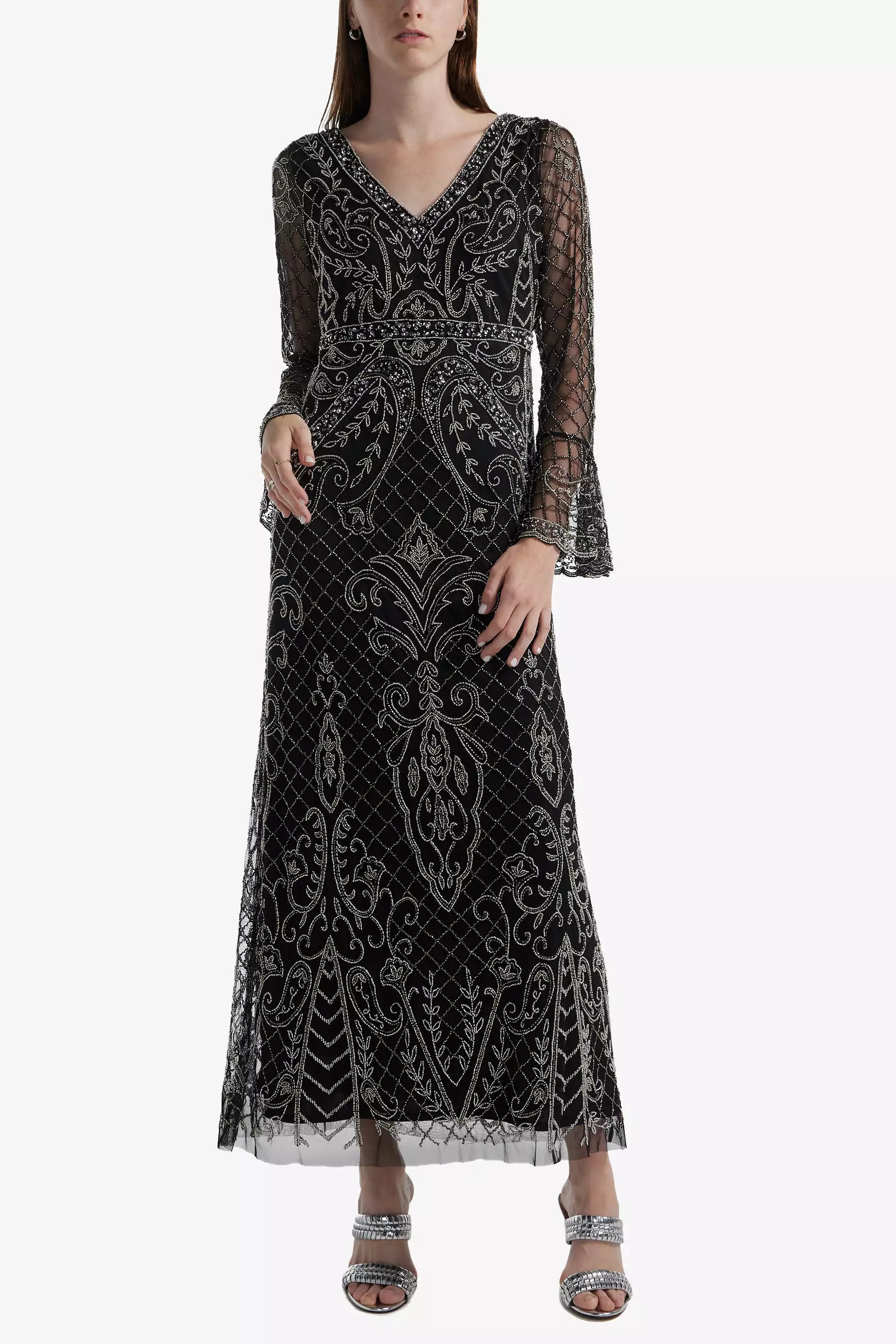 Bell Sleeve Beaded Long Dress