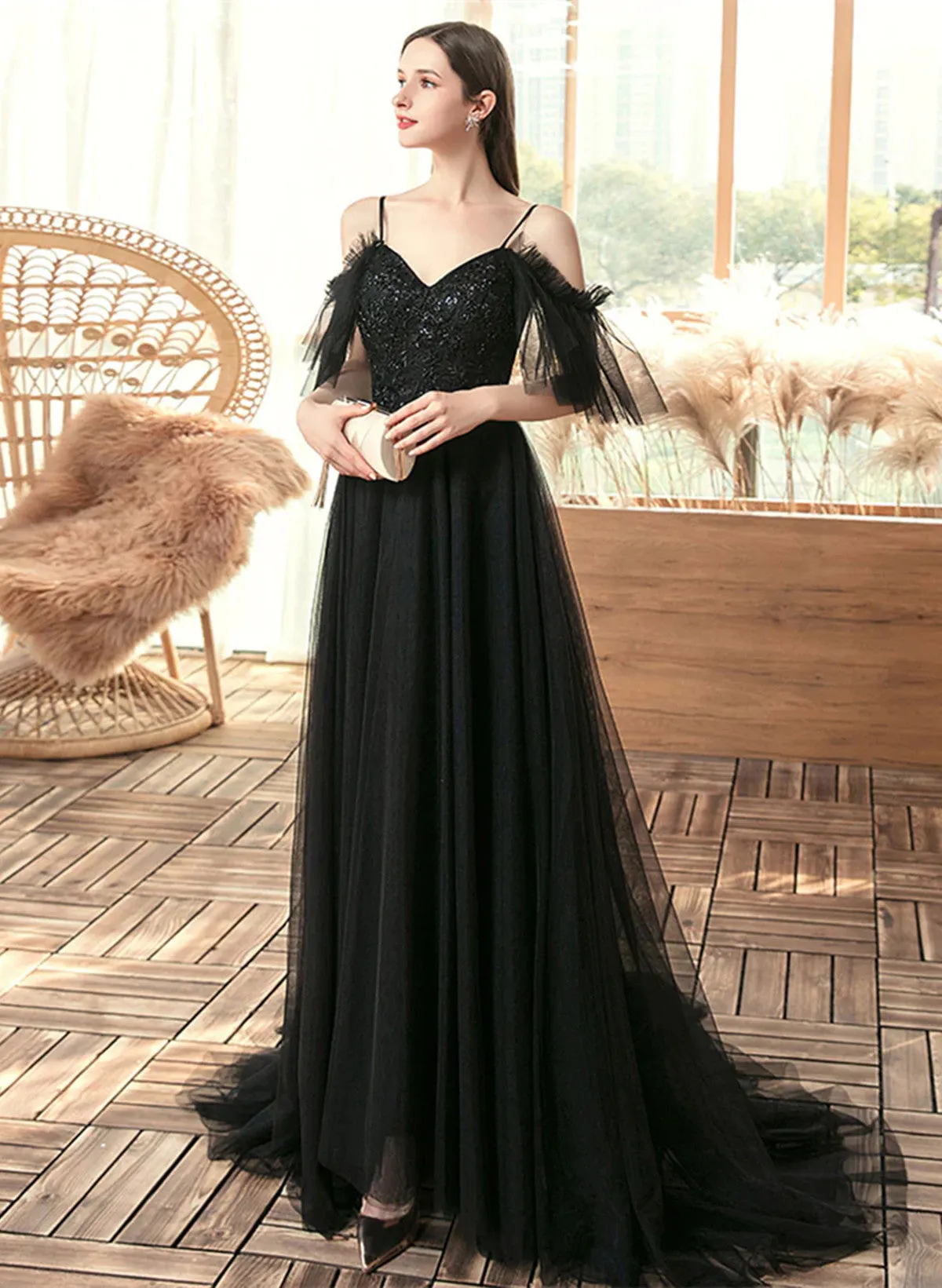 Black A-line Off Shoulder Tulle Beaded Prom Dress, Black Long Evening Dress