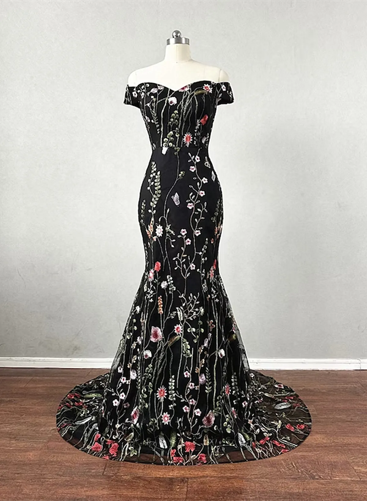 Black Floral Lace Mermaid Off Shoulder Long Party Dress, Black Evening Dress Prom Dress