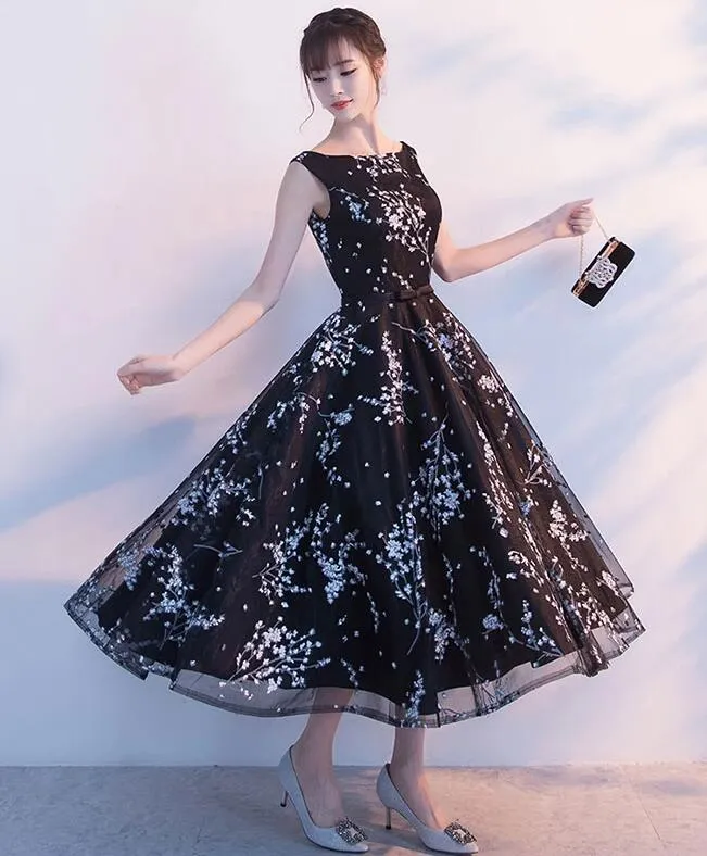 Black Floral Tea Length Evening Party Dress, Black Formal Dress