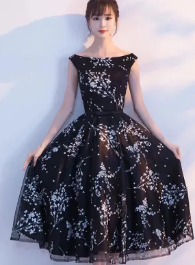 Black Floral Tea Length Evening Party Dress, Black Formal Dress