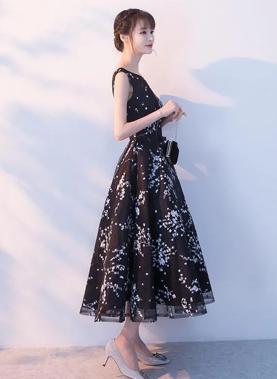 Black Floral Tea Length Evening Party Dress, Black Formal Dress