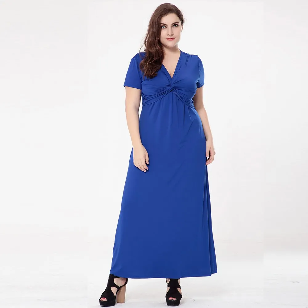 Black Formal 4XL Plus Size Women Short Sleeve High Waist V Neck Long Maxi Evening Party Dresses