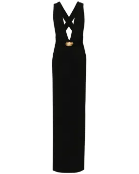 Black Jersey Sable Deep V Evening Dress