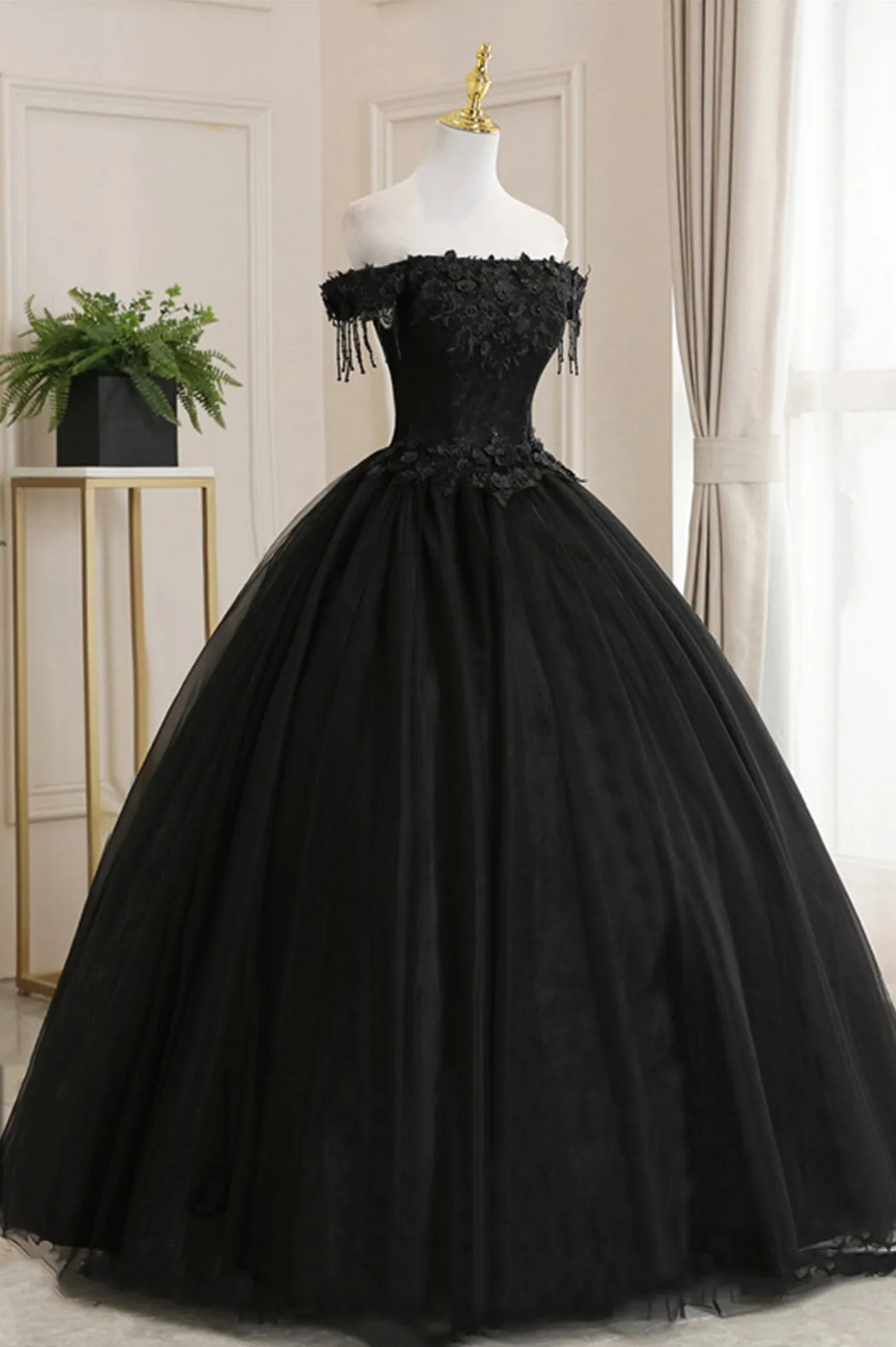 Black Tulle Lace Off the Shoulder Prom Dress, Black A-Line Evening Dress