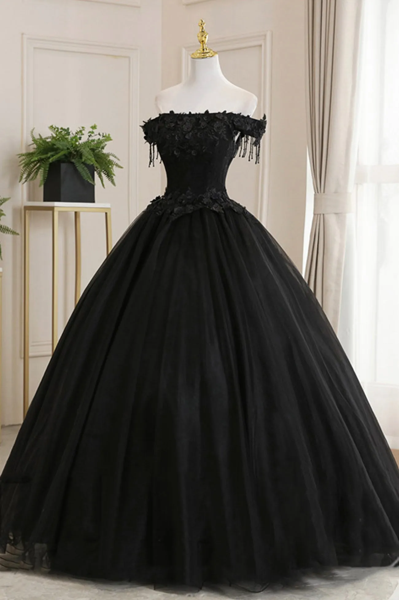 Black Tulle Lace Off the Shoulder Prom Dress, Black A-Line Evening Dress