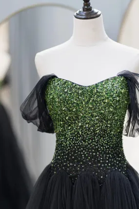 Black Tulle Long A-Line Prom Dress, Black Evening Dress with Green Beaded