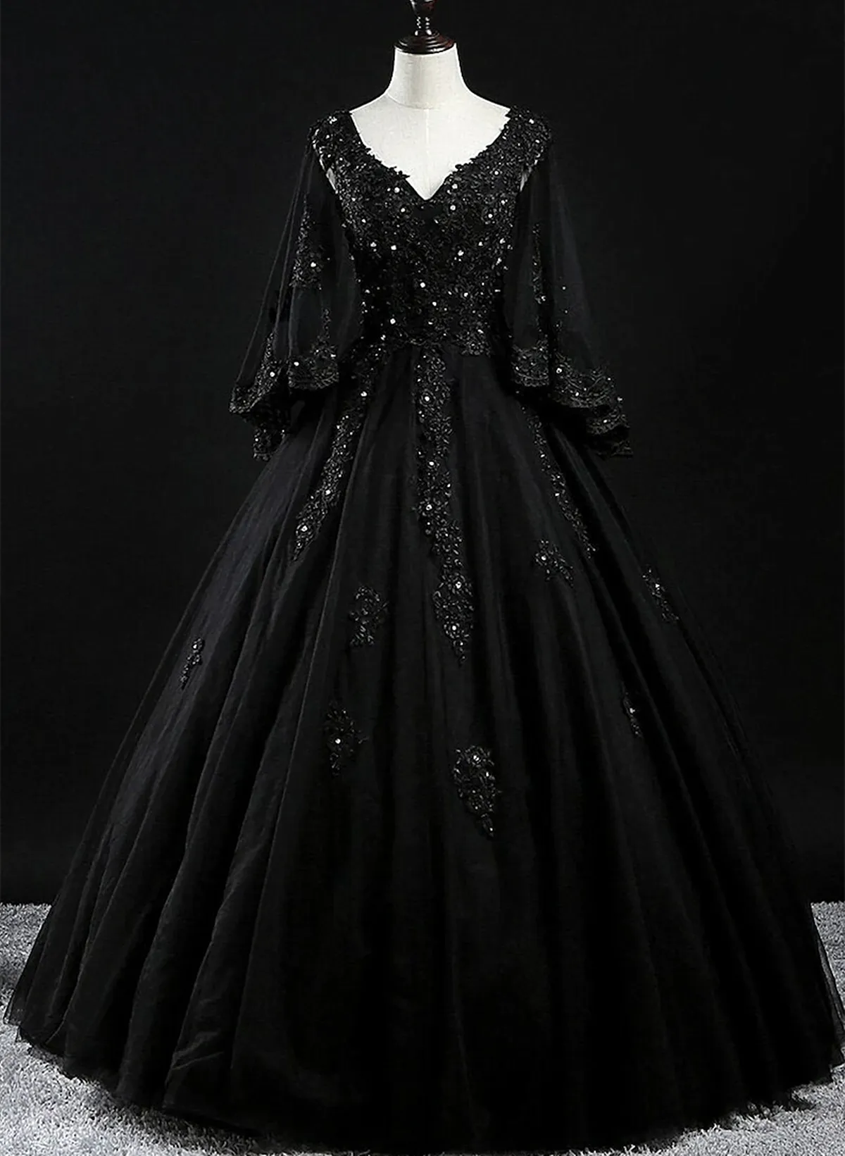 Black Tulle with Beaded Long Prom Dress, Black Evening Dress Sweet 16 Dress