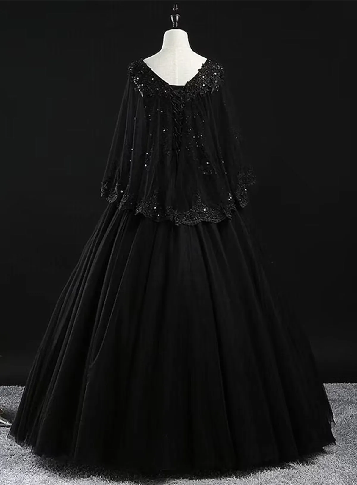 Black Tulle with Beaded Long Prom Dress, Black Evening Dress Sweet 16 Dress