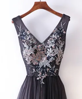 Black V Neck Lace Applique Tulle Long Prom Dress, Black Evening Dress