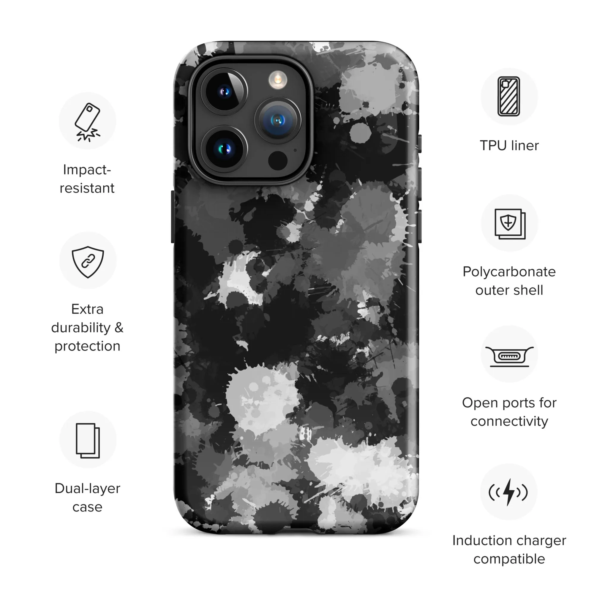 Black White and Grey Paint Splatter Tough Case for iPhone