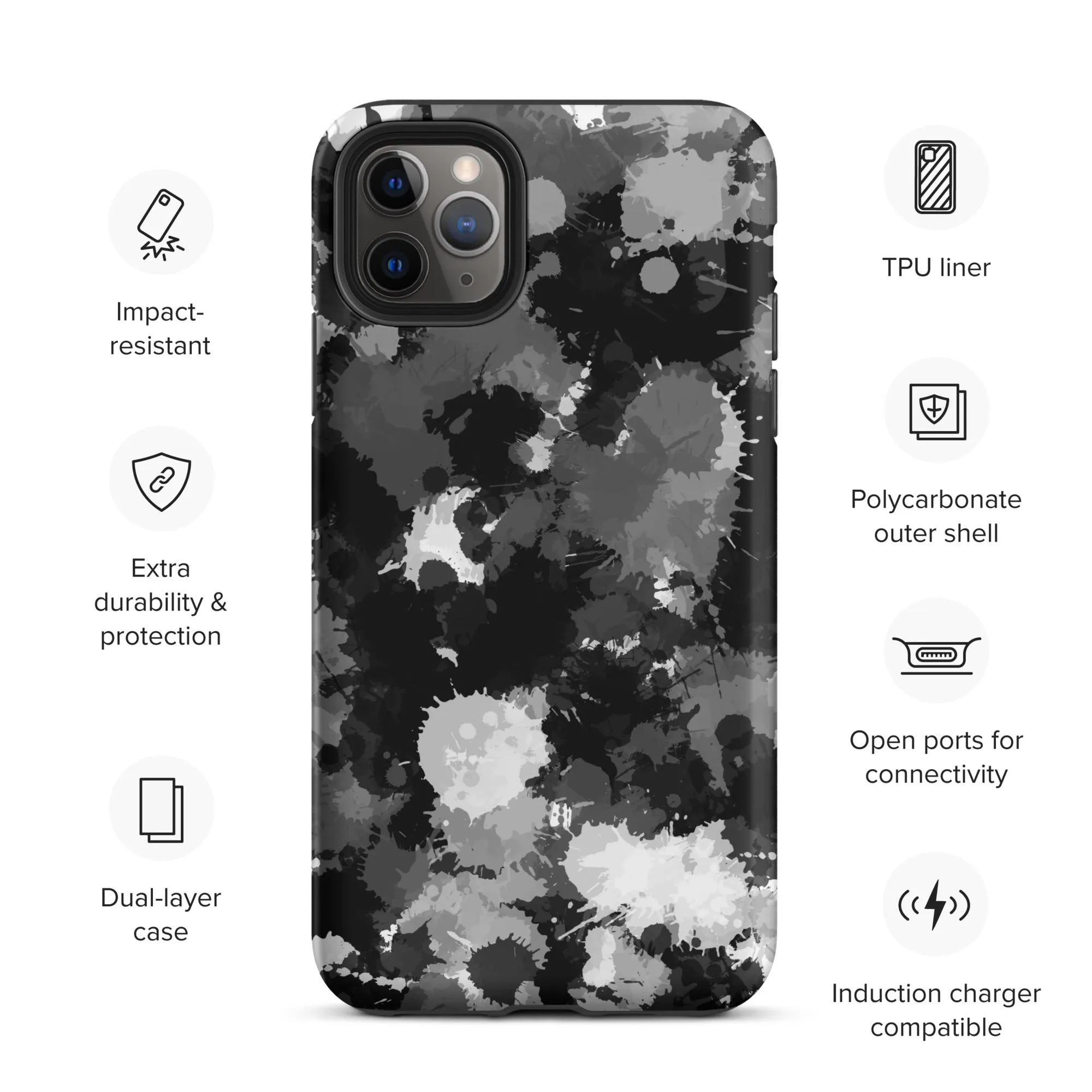 Black White and Grey Paint Splatter Tough Case for iPhone